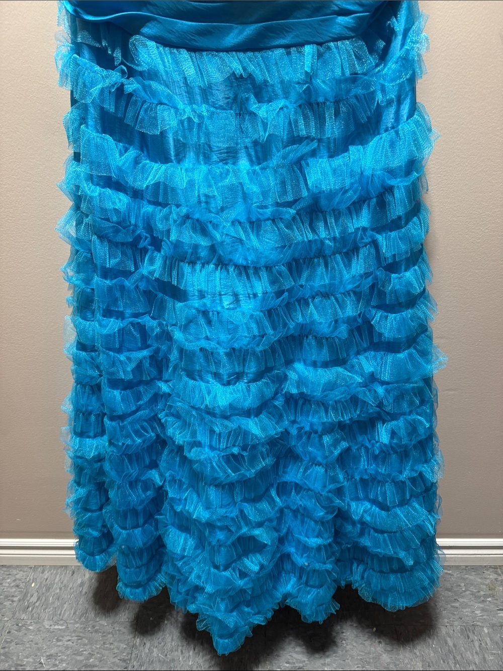 Strapless Ruffled Turquoise Evening Dress - Picture 2 of 8